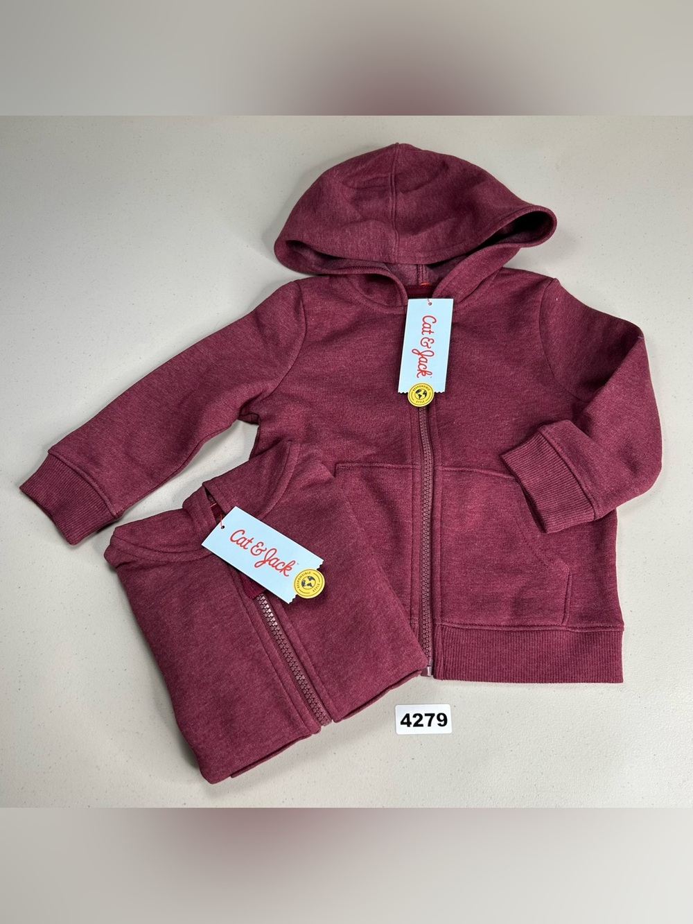 Cat & Jack Baby Toddler 2pc Burgundy Fleece Zip Sweatshirt Hoodie Set 18M